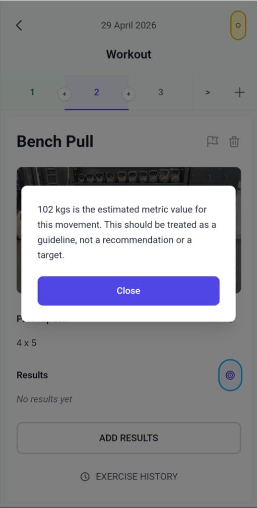 Guidance modal with estimated metric value for an exercise.