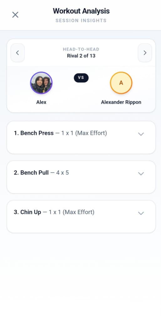 Rival comparison screen showing head-to-head exercise list.