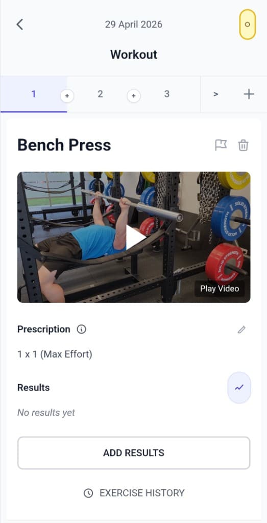 Workout page with exercise cards and add results button.